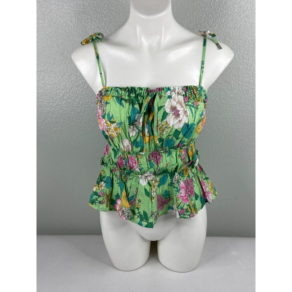 Mine Women Medium Sleeveless Cinch Top Spaghetti Strap Green Floral NWT